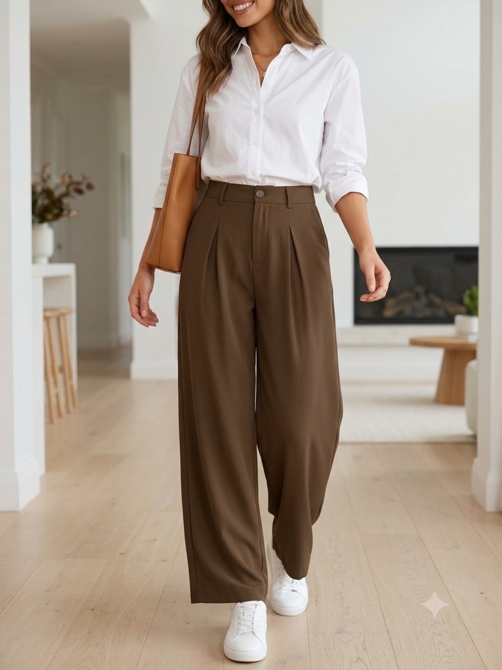 BTFBM Pleated Wide Leg Trouser Pants M Brown High Waist Modern Workwear Casual